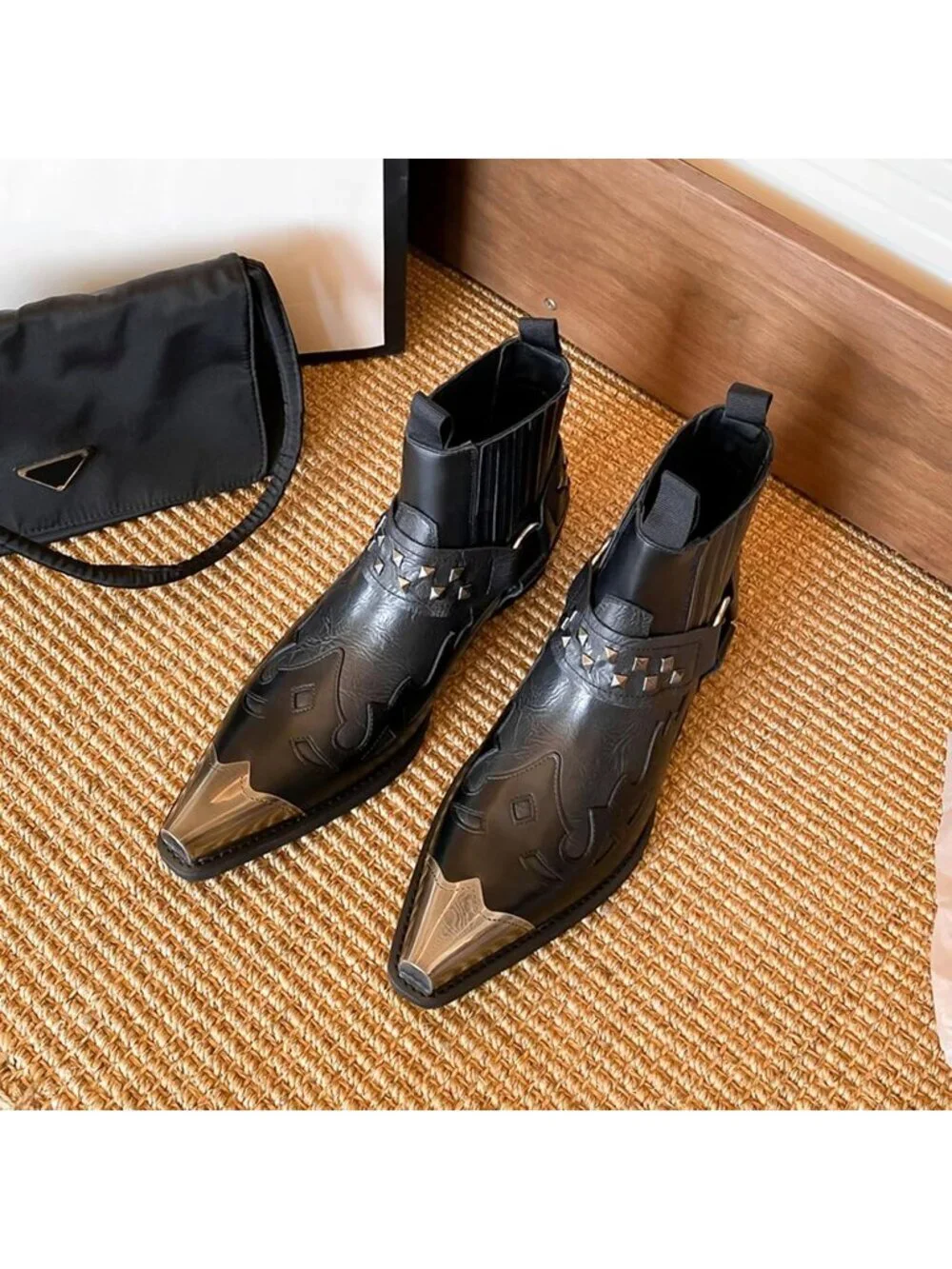 🆕Men's Black Western Chelsea Boots Studded Metal Toe Ankle Boots